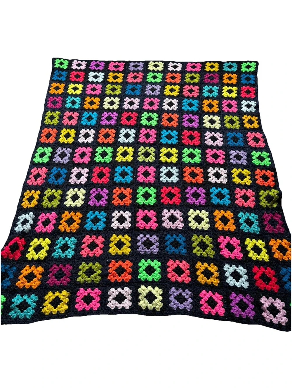 Vintage Granny Square Crochet Afghan Blanket Throw Black Multi Colors 69”x57”